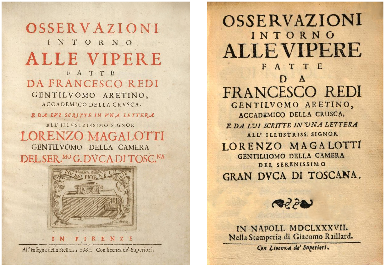 Title page for Francesco Redi's publication "Observazioni Intorno Alle Vipere"
